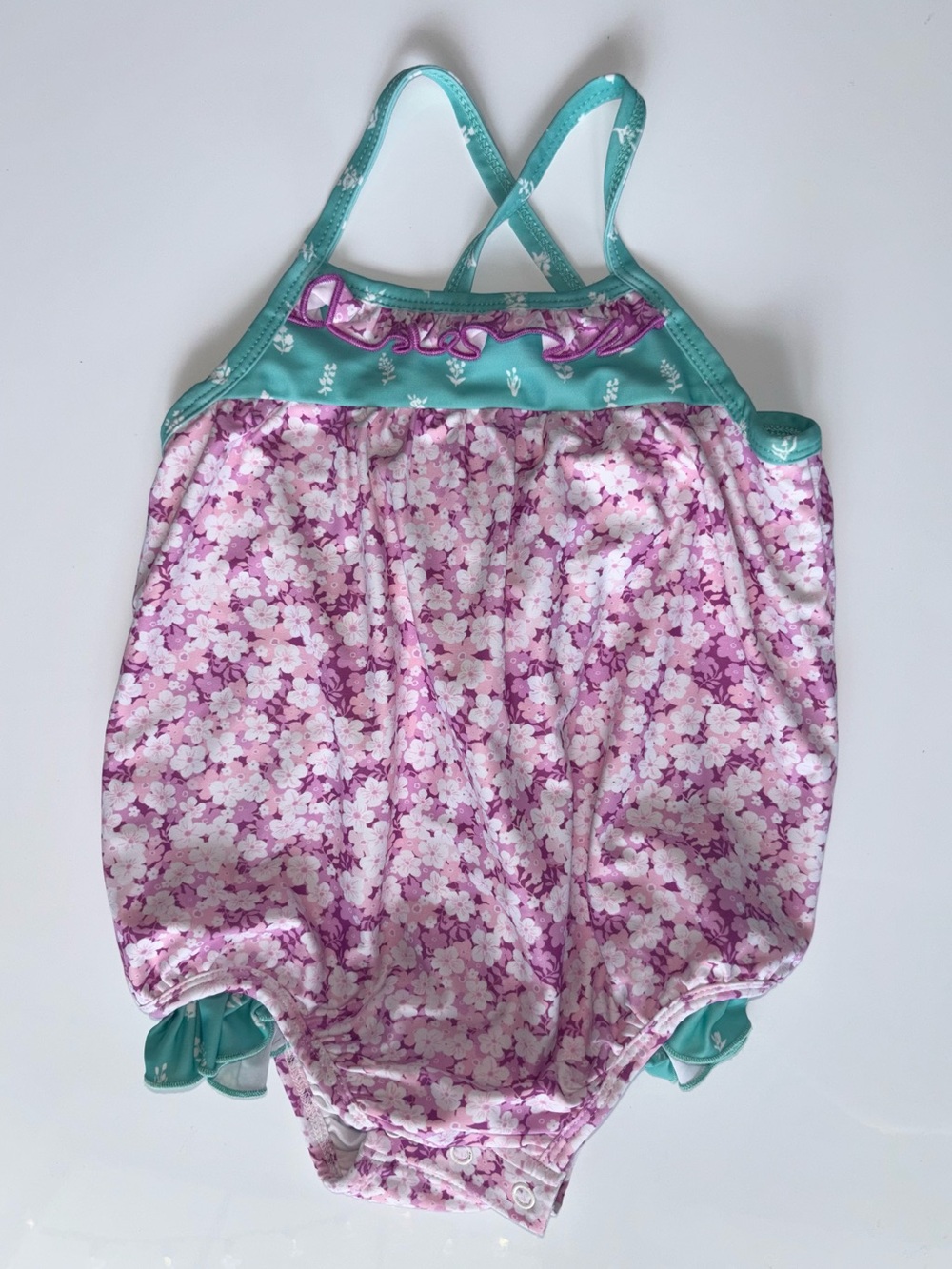 SweetHoney Pink Floral One-Piece Swimsuit with Teal Trim